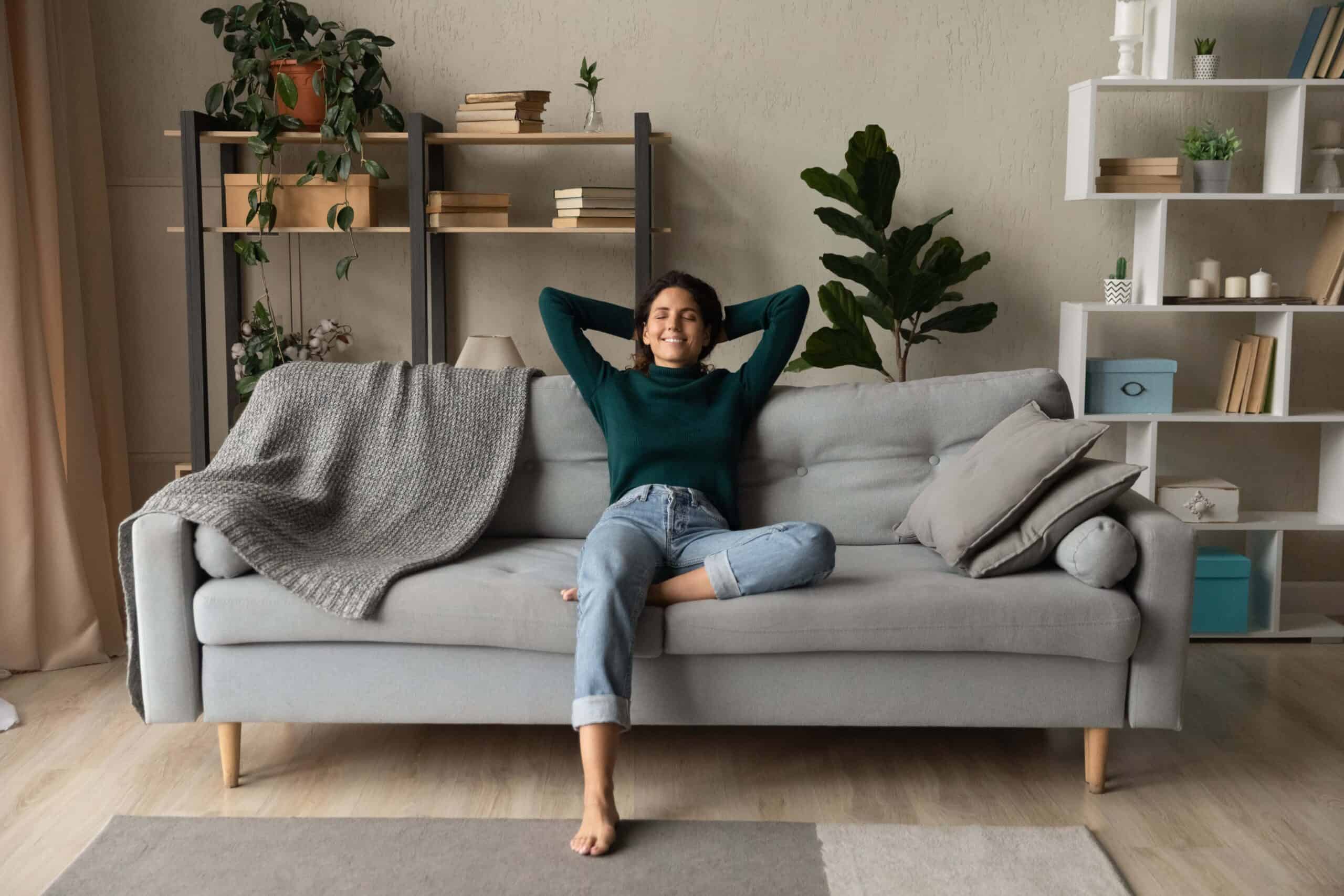 Sweet,Idleness.,Lazy,Young,Hispanic,Lady,Sit,In,Relaxed,Pose Sweet idleness. Lazy young hispanic lady sit in relaxed pose on big comfy sofa at living room interior breath air dream imagine. Successful female new flat apartment buyer rest at home feel pleasure